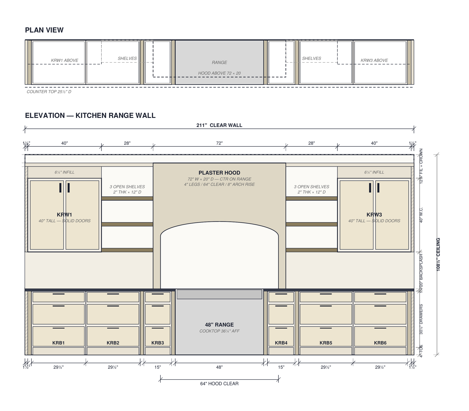 bspök shop drawing: plan and elevation of a kitchen range wall with dimensions